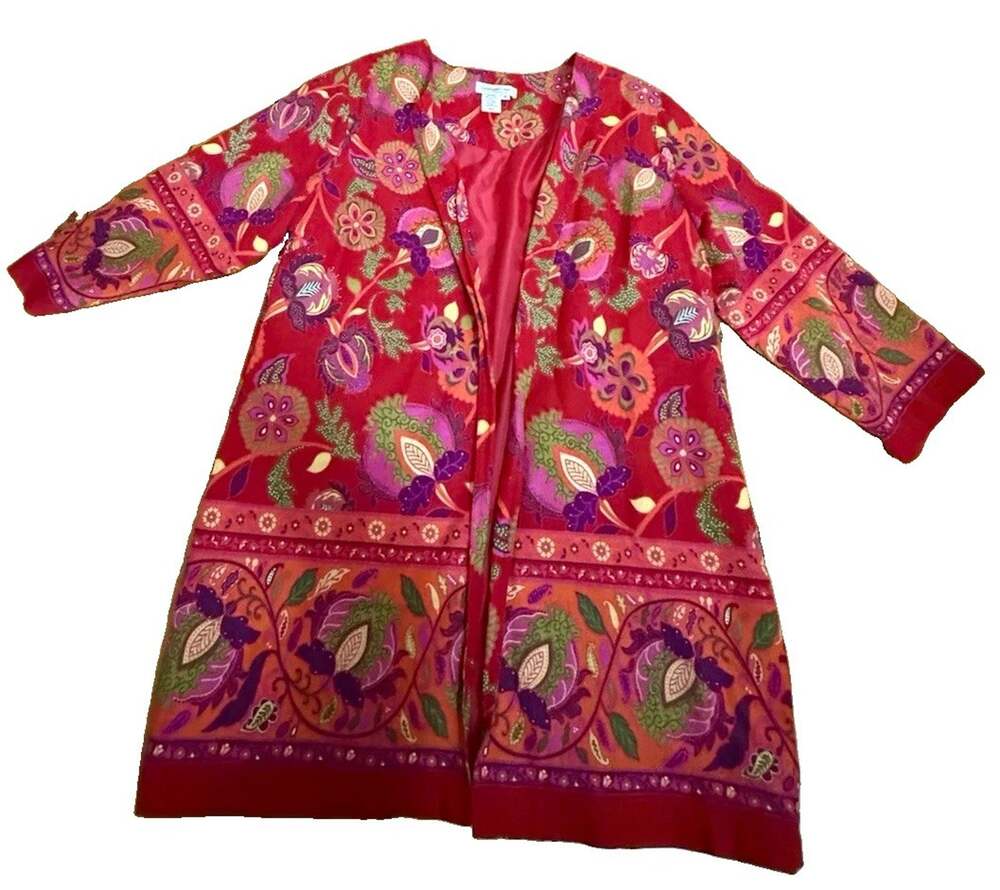 COLDWATER CREEK Women’s Red Floral Open Front Lined Jacket Linen Blend Medium